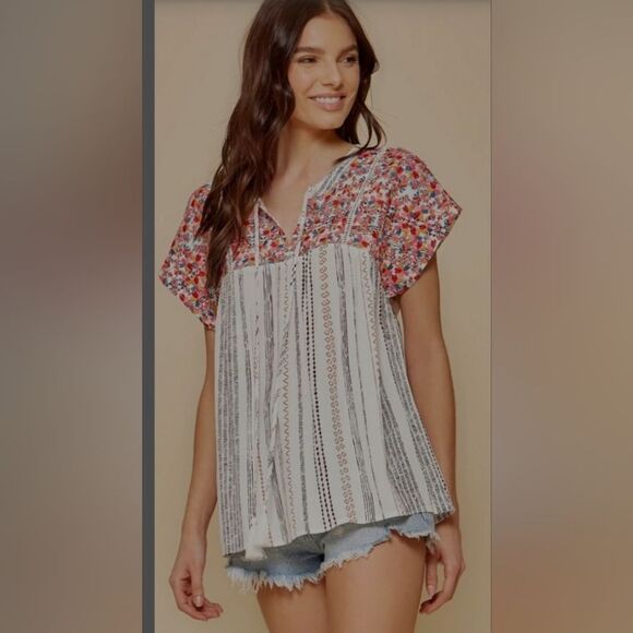 Savanna Jane Floral Embroidered Top Boho Womens  Tasseled Cap Sleeve White sz M - Picture 1 of 10